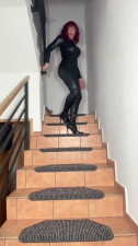 Beautiful asian CD in wetlook catsuit and boots cum explosion