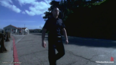Big cock TS anal fucks bound cop