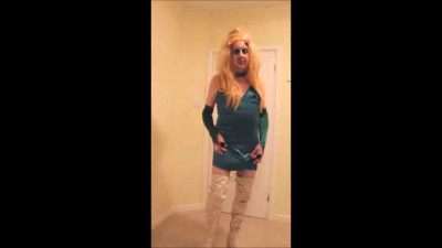 Blonde slut in green silk dress