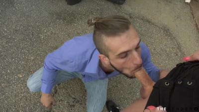 Young trans beauty in forbidden public frottage with lucky stepbro