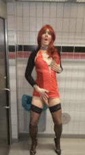 Slut Trans Viviane flashes cock and jerks off at public toilet