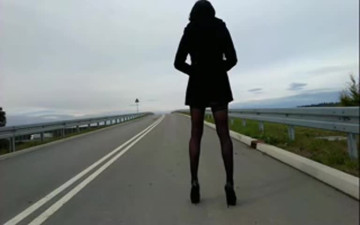 Outdoor CD on public street lingerie heels