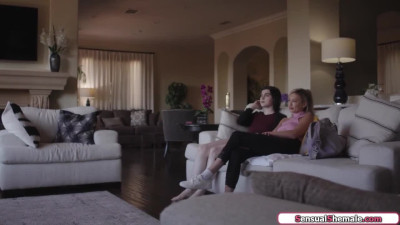 Small boobs shemale Ella Hollywood fucks a blonde cis girl