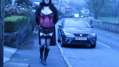 crossdresser outdoors on a residential street