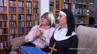 Older crossdressers use dildos on a younger female
