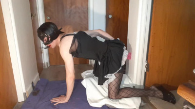 Lustful french maid crossdresser miss stee pleases ass with huge dildo
