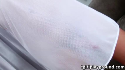 Bigtits Asian shemale Cindy Love loves to masturbate on the couch