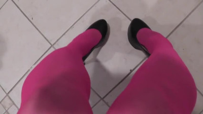 Crossdressing sissy CD Trudy black heels pink thigh hig