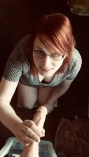 Cute chubby red head gives dildo blowjob and swallows