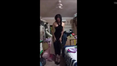 HORNY FEMBOY WEARING YOUR MOTHER'S BLACK DRESS.