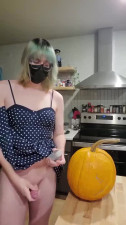 Cute trans girl Stephanie Winters fucks pumpkin and cums all over it