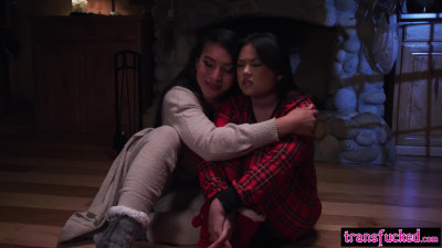 Cozy sex by the fire with hot shemale so hot Asian teen Lulu Chu enjoyed it