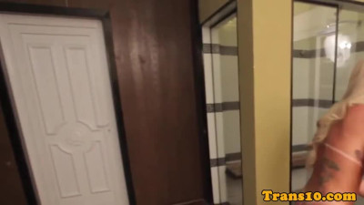 Tanlined latina tgirl jerking her cock bts