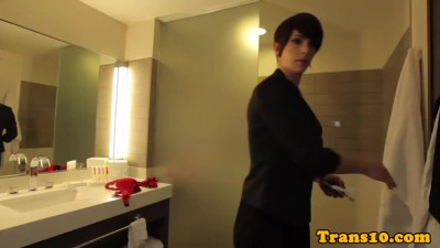 Transsexual bottom jizzed on big boobs