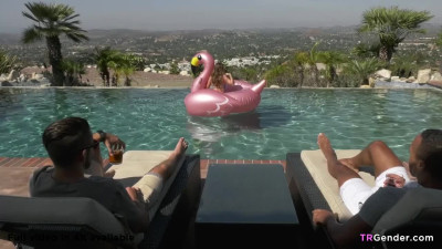 Nasty Trannies And Male Friends Having Orgy By The Pool