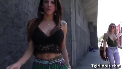 Horny tgirls Fernanda and Gisele double teams a male studs cock