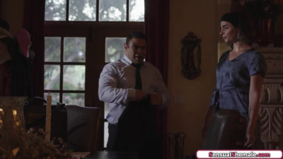 Brunette trans Janie Blade barebacked and spanked by stepdad