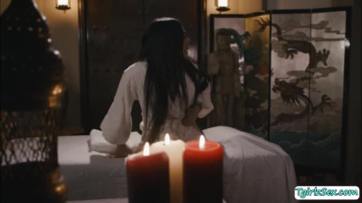 Black masseur throats and ass fucks his busty shemale client