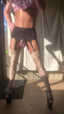 Smoking sissy faggot slapping her ovaries while caged - glossy nylon, platform heels, micro chastity