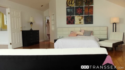 Inked tranny Lena Moon cum sprayed after interracial banging