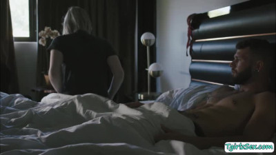 Blonde shemale mistress throats and ass fucked by her guy