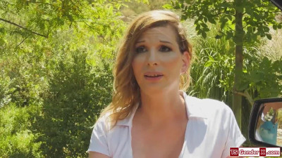 Busty blonde trans babe Jamie French gets barebacked outdoor