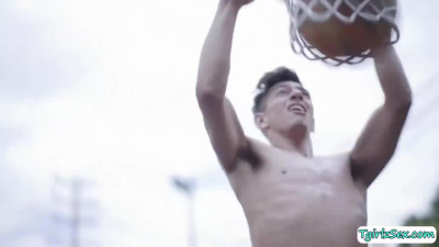 Trans Eva interracial threesome bareback anal on the basketball court