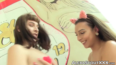 Cute TS jerks off and cums after blowjob by Alexa Scout