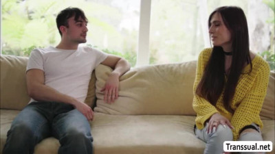 Busty Brunette Transbabe Korra DelRio does anal sex on a smal couch