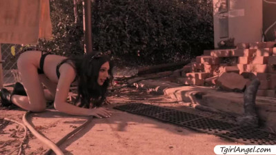 Pretty TS babe Jessy Bells deepthroats and gets hardcore fucked