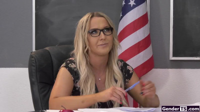 Big tits trans teacher Kayleigh Coxx sucks students big cock