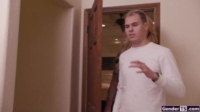 Busty shemale couple invite neighbor to join them in shower