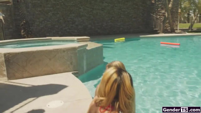 Four shemales in a blowjob and bareback anal pool group orgy