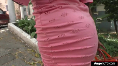 Busty ebony shemale Tayla strips and jerks off her big cock