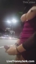 shemale with glasses show tits and big cock outdoor by