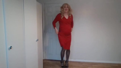 Red dress, black stockings, no panties