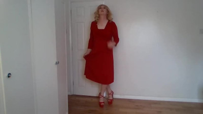 Blonde in long red dress with no panties on