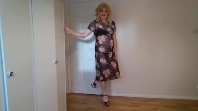 See-through dress with black lingerie and stripper heels