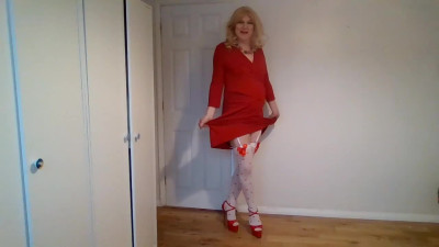 Hot red dress, heels and no panties