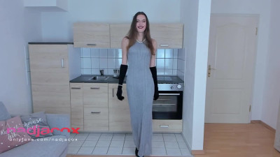 elegant skinny with a big cock and long black velvet gloves jerks off and cunm a lot