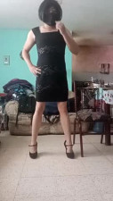 Elegant Sissy Melanie jerking off in all black dress