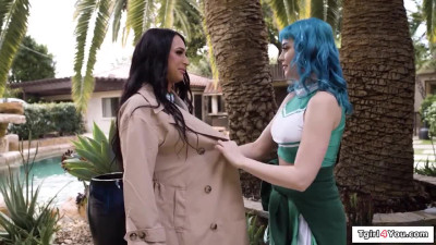 Busty TS Khloe Kay and asian gf Kasey Kei fuck a cheerleader