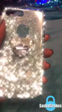 Stroking her big cock and cumming with shiny nails
