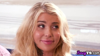 Tattooed transgender fucked by guy in doggystyle in ass