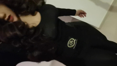 Sexy crossdresser in highheels black bodysuit girl facemask