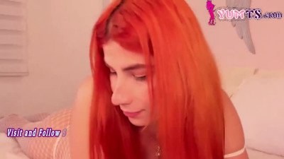 redhead trans beauty in fishnet pantyhose masturbates her small dick on wbcam