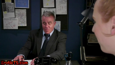 Dominant TS in lingerie rimmed by bondage DILF in office