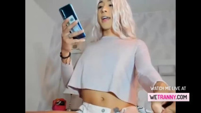 Blonde tranny teen stroking her big cock