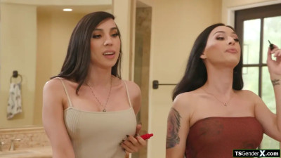 Surprised guys anal reamed by two tgirls