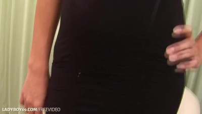 Redhead ladyboy in tight dress teases with her hairy cock till cumshot on belly